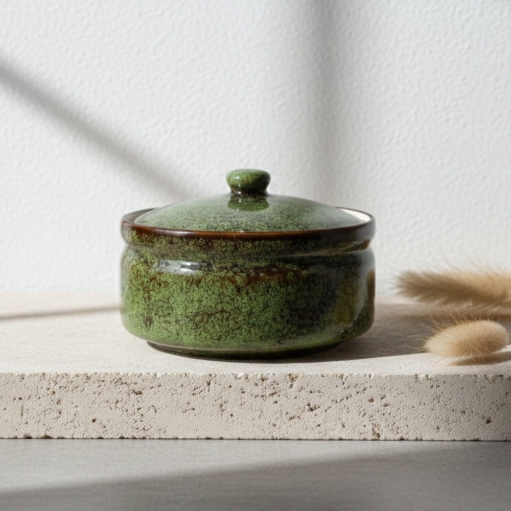 emerald green ceramic serving pot with lid cylindrical pot for serving and storing food with glazed finish